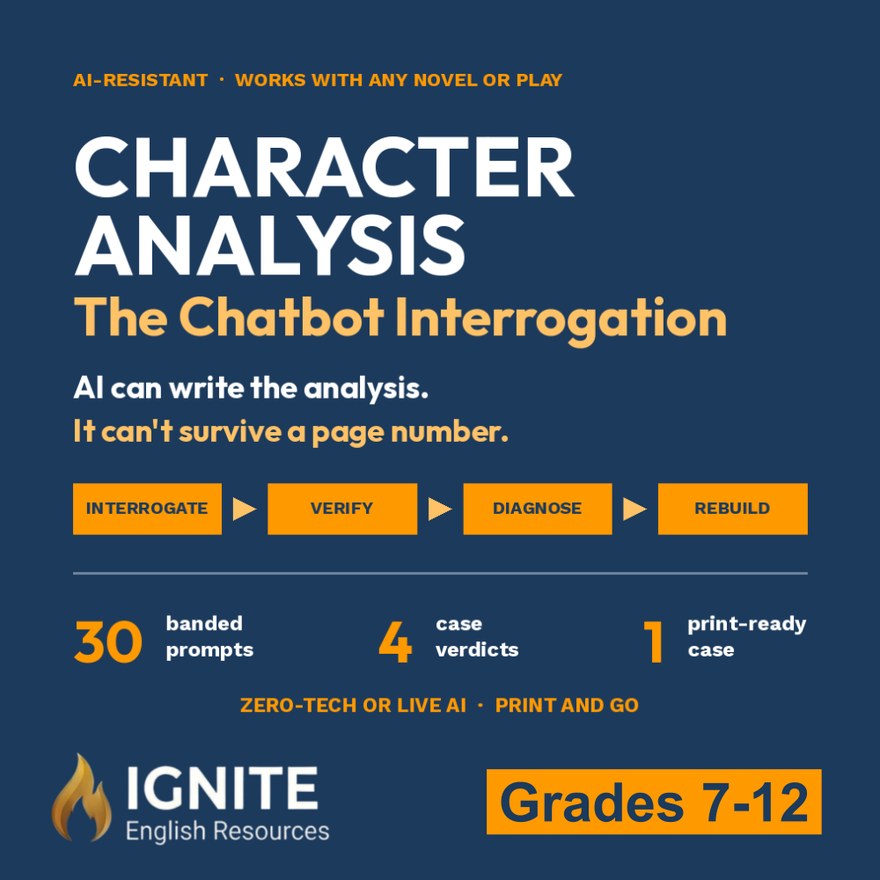 Cover of Character Analysis, The Chatbot Interrogation: interrogate, verify, diagnose, rebuild, Grades 7 to 12, on Teachers Pay Teachers