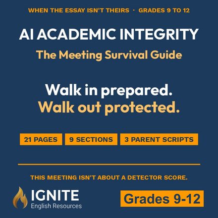 Cover of AI Academic Integrity, The Meeting Survival Guide: 21 pages, 9 sections, 3 parent scripts, Grades 9 to 12, on Teachers Pay Teachers