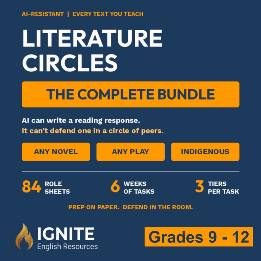Cover of Literature Circles, The Complete Bundle, for any novel, any play, and Indigenous novels: 84 role sheets, 6 weeks of tasks, 3 tiers per task, Grades 9 to 12, on Teachers Pay Teachers