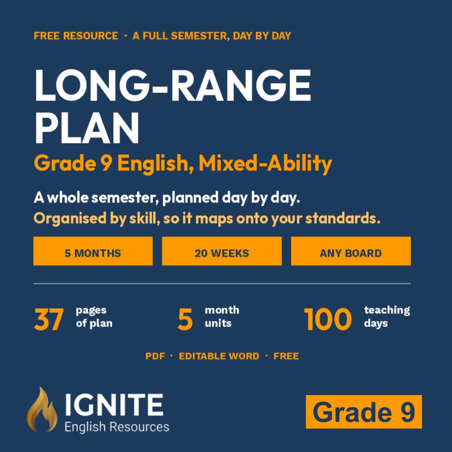 Cover of the Grade 9 English Long-Range Plan, a free full-semester, day-by-day plan for mixed-ability classes: 37 pages, 5 month units, 100 teaching days, PDF and editable Word, on Teachers Pay Teachers