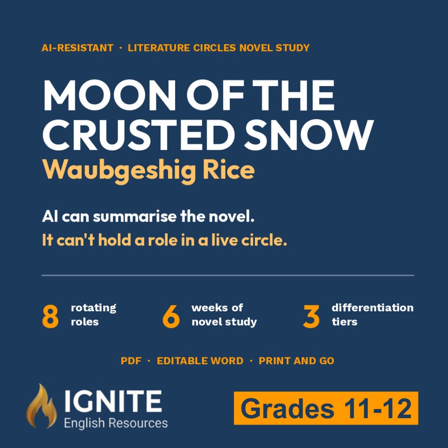 Cover of the Moon of the Crusted Snow novel study by Waubgeshig Rice, a literature circles unit for Grades 11 to 12, on Teachers Pay Teachers