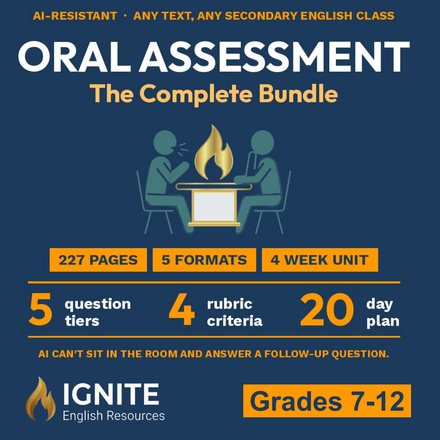 Cover of Oral Assessment, The Complete Bundle: 227 pages, 5 formats, a 4 week unit, Grades 7 to 12, on Teachers Pay Teachers