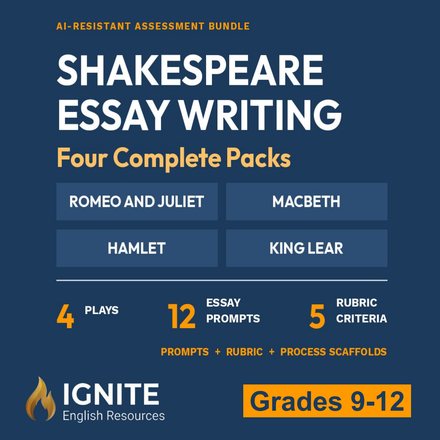 Cover of Shakespeare Essay Writing, Four Complete Packs for Romeo and Juliet, Macbeth, Hamlet, and King Lear, Grades 9 to 12, on Teachers Pay Teachers