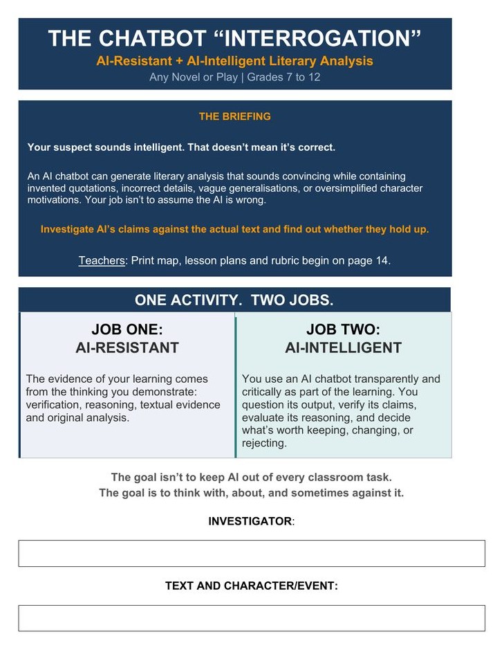Student page titled The Chatbot Interrogation, with The Briefing and a panel explaining the activity's two jobs, AI-Resistant and AI-Intelligent.